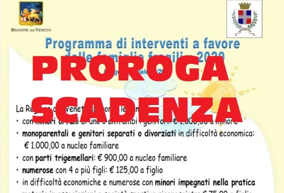 PROROGA SCADENZA Avviso pubblico per l'accesso ai contributi per le "famiglie fragili"